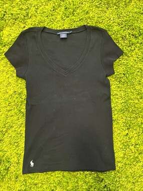 Ralph Lauren Sport Women's Black V-Neck Short Sleeve Logo T-Shirt